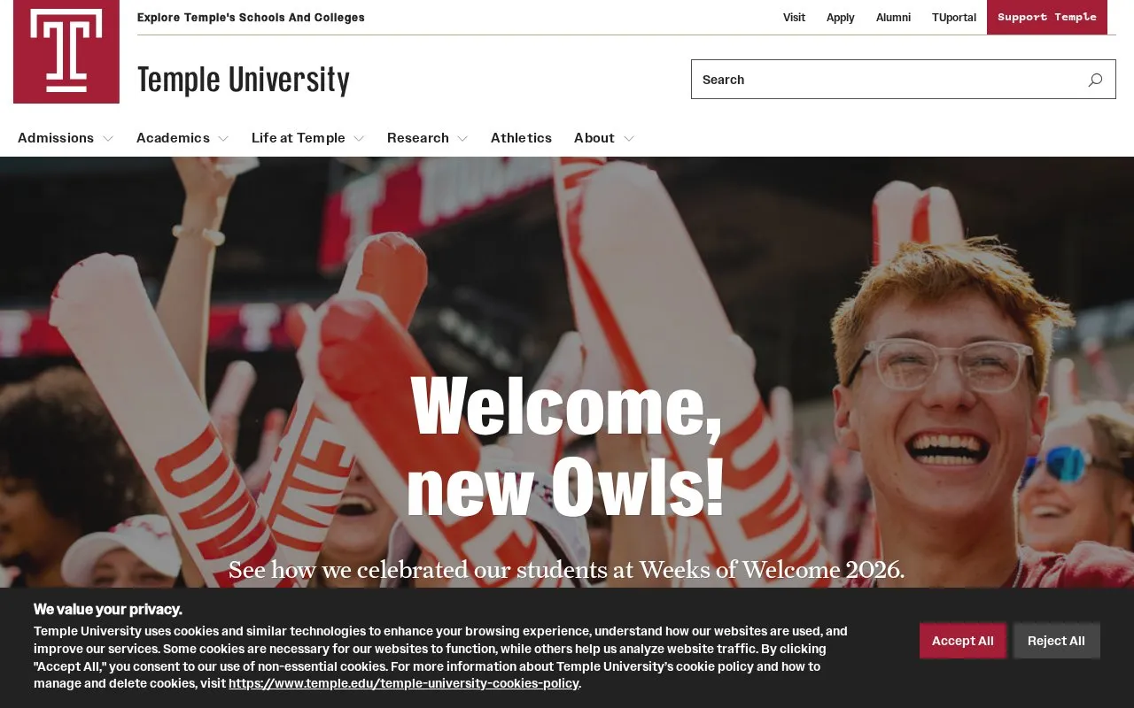 Temple University homepage screenshot