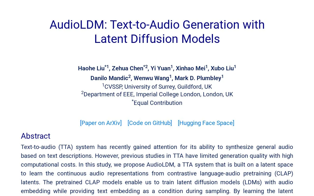 AudioLDM homepage screenshot