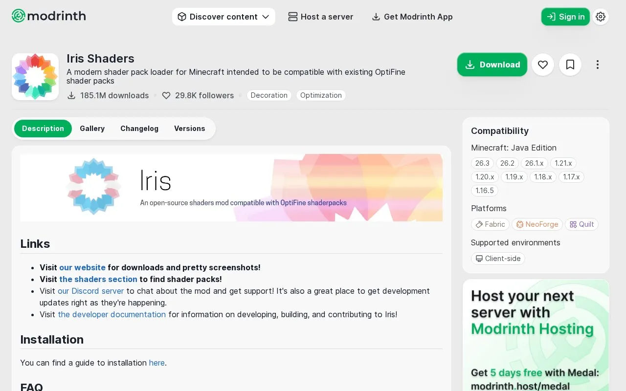 Iris Shaders homepage screenshot