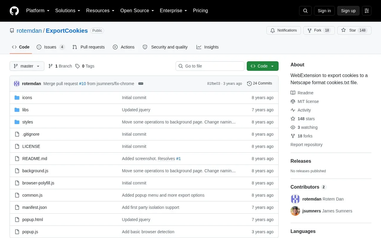 ExportCookies homepage screenshot