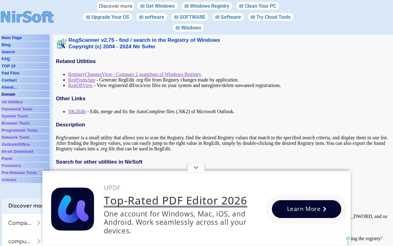 RegScanner homepage screenshot
