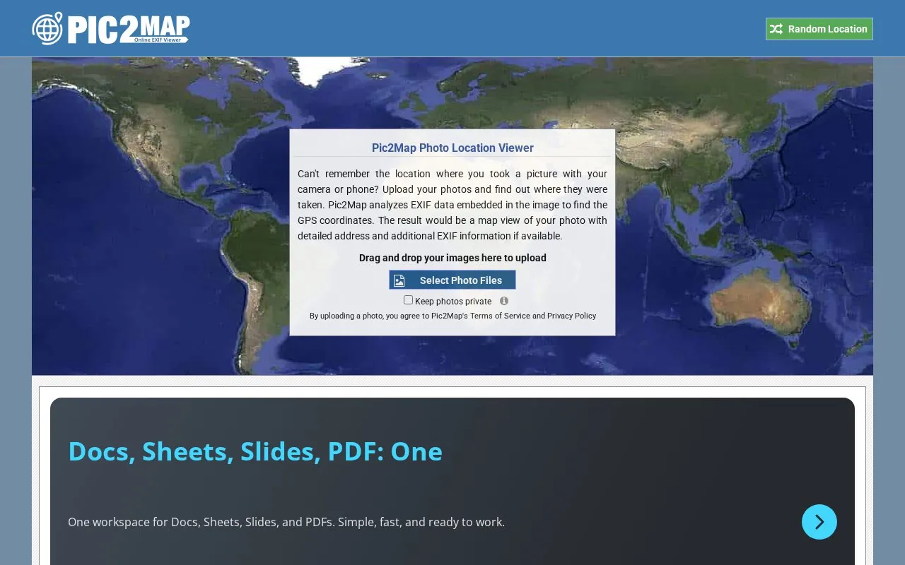 Pic2Map homepage screenshot