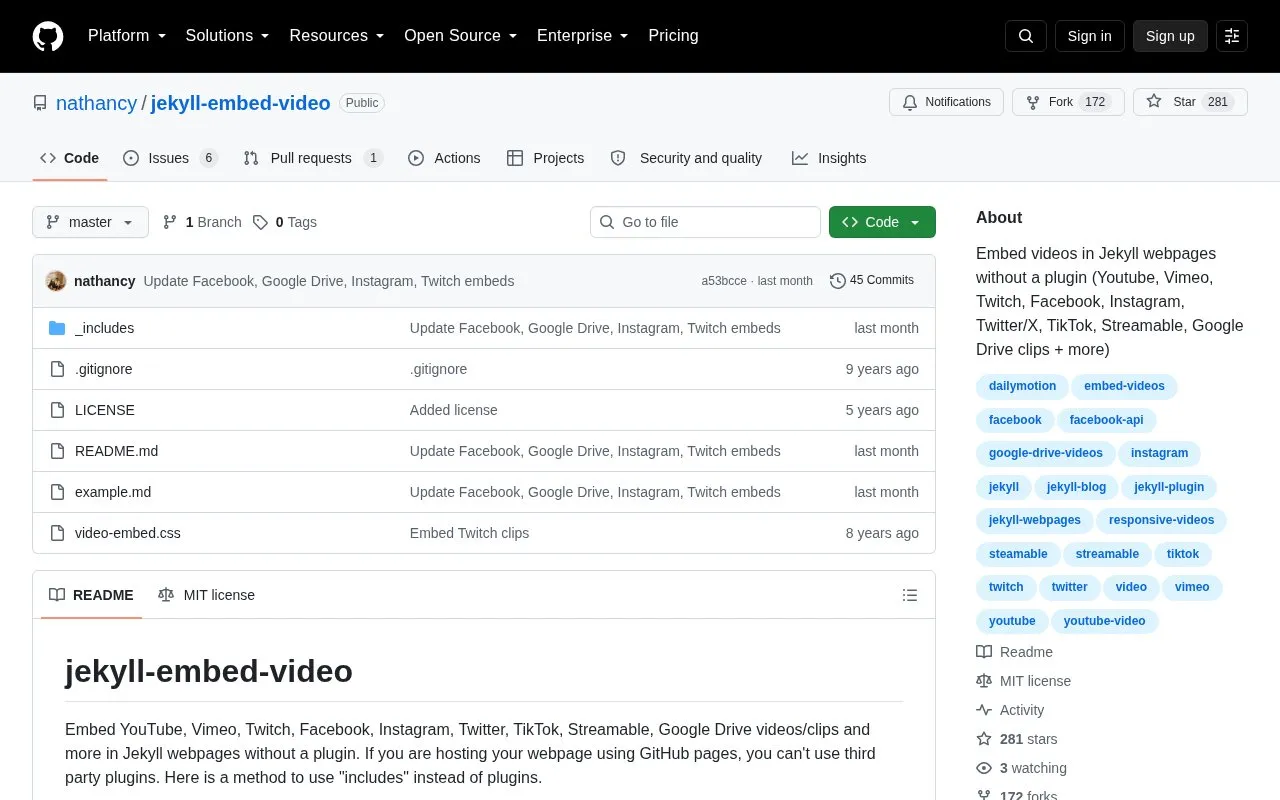 jekyll-embed-video homepage screenshot