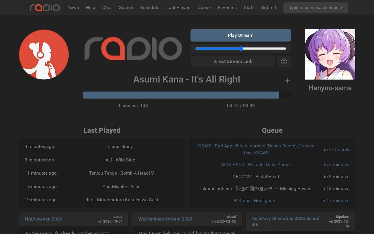 r-a-d.io homepage screenshot