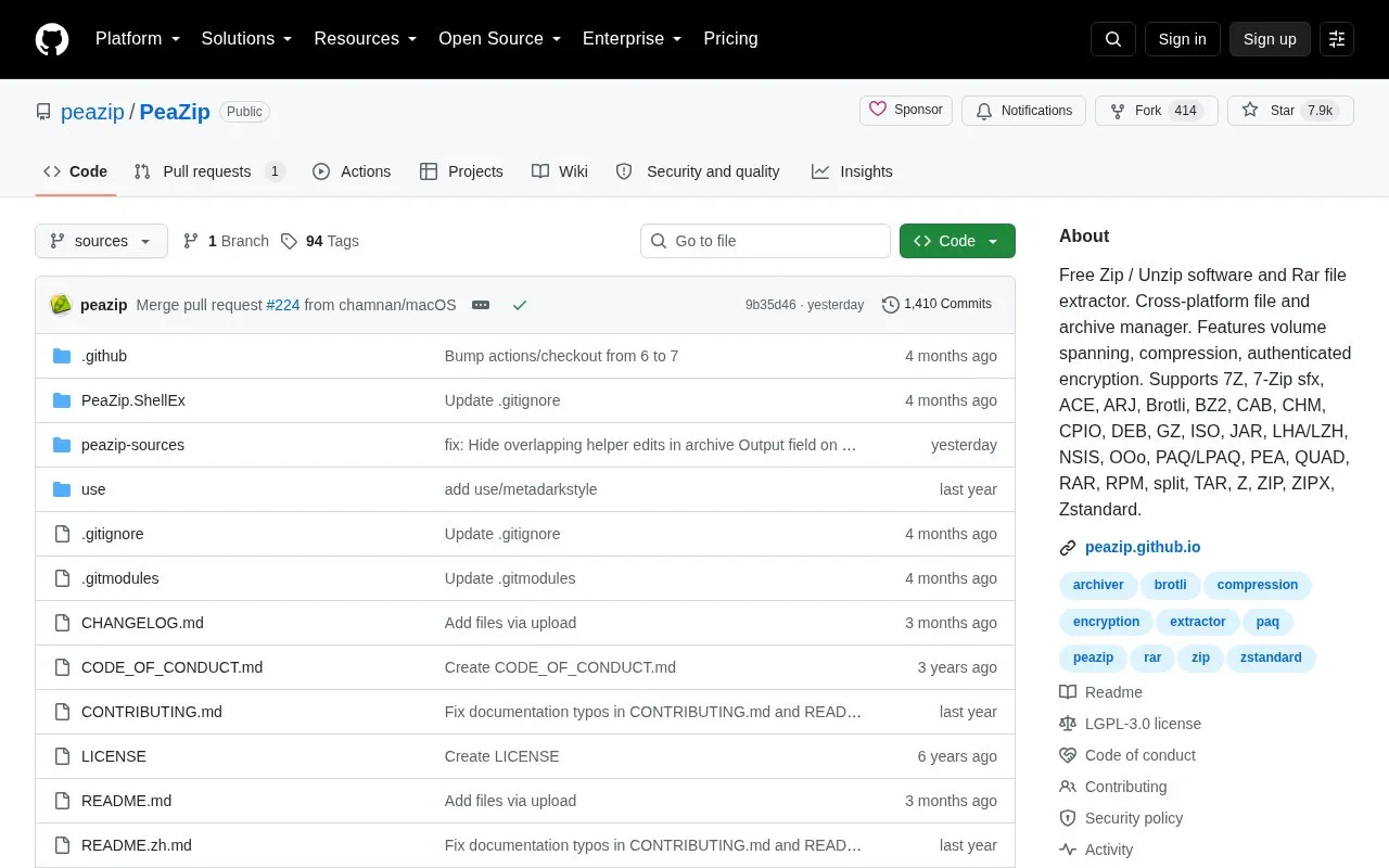 Pea Zip homepage screenshot