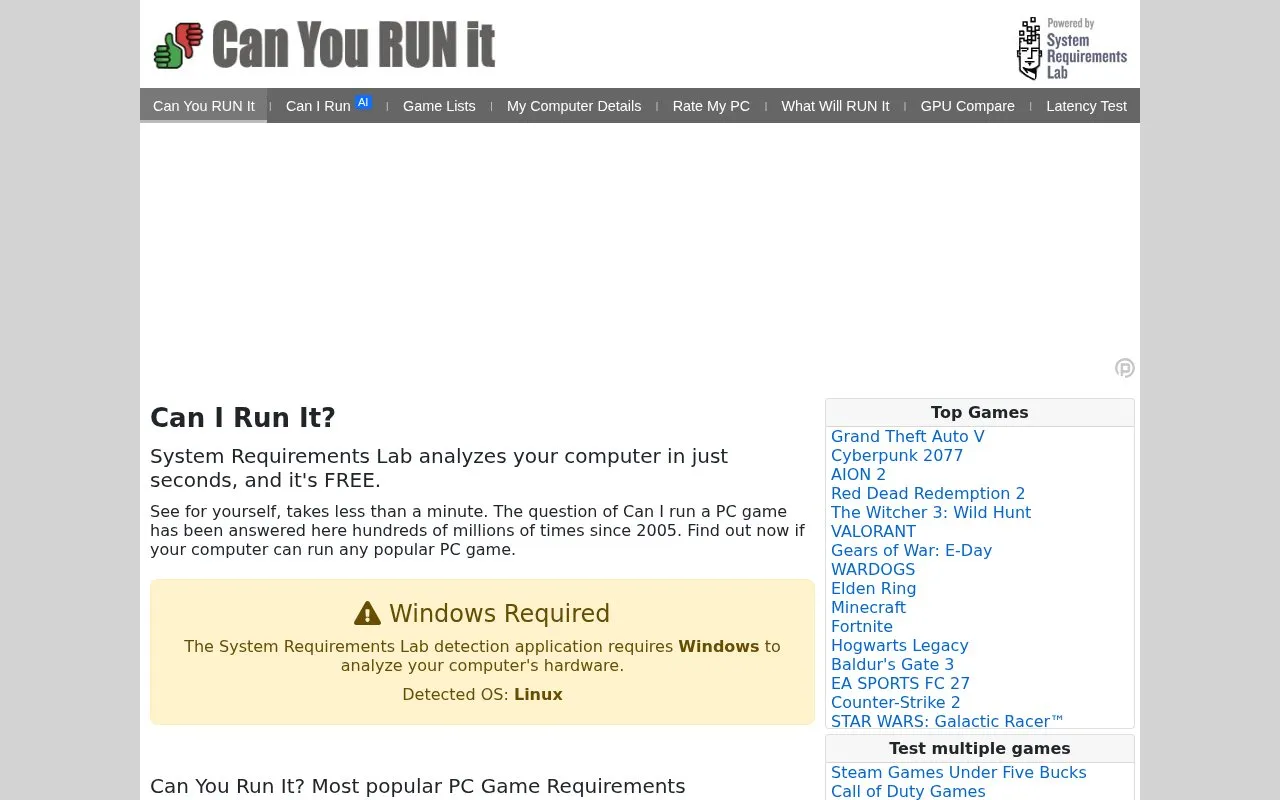 SystemRequirementsLab homepage screenshot