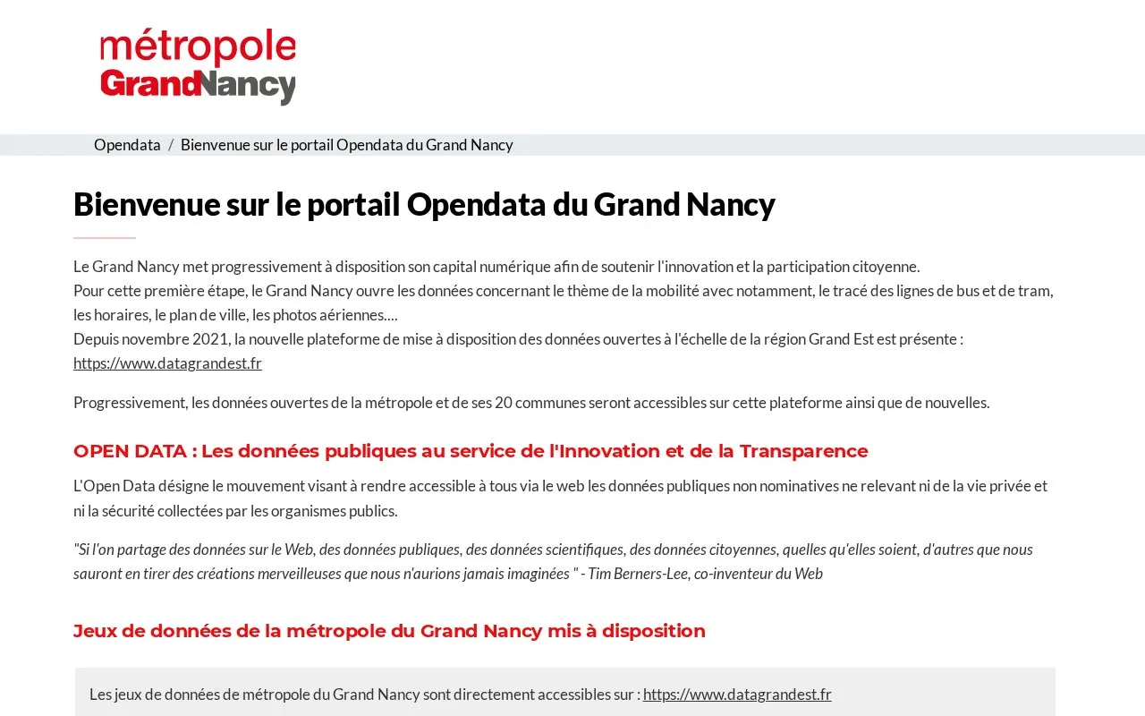 opendata.grandnancy.eu homepage screenshot