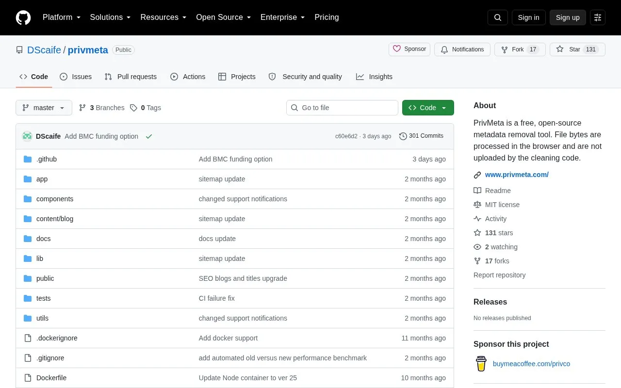 Privmeta homepage screenshot