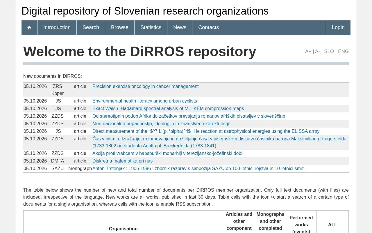 Digital repository of Slovenian research organizations homepage screenshot