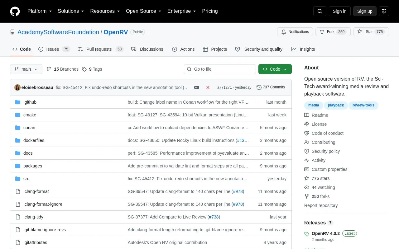 OpenRV homepage screenshot