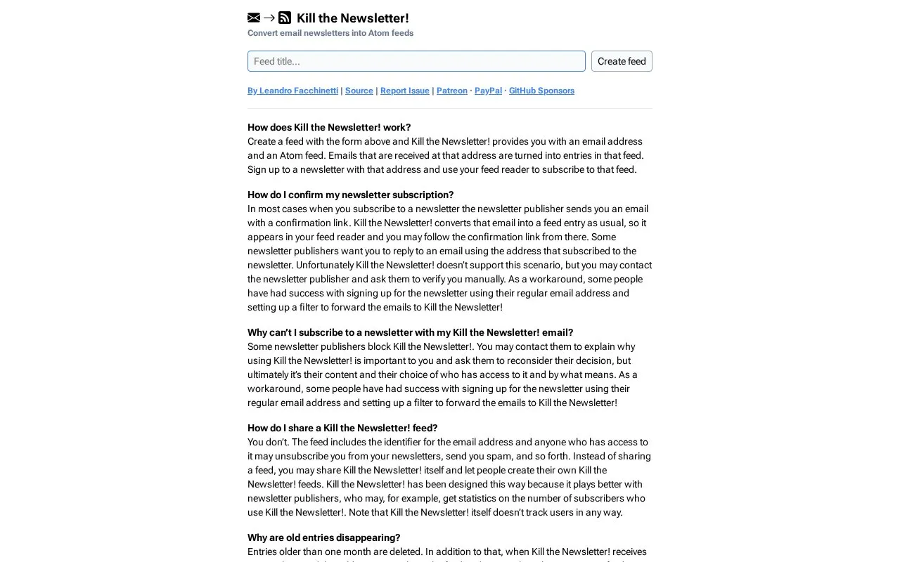 Kill the Newsletter homepage screenshot