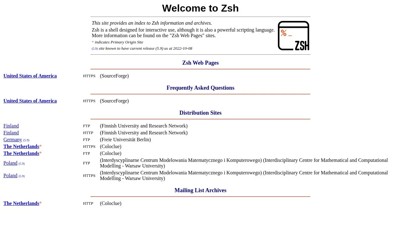 zsh homepage screenshot