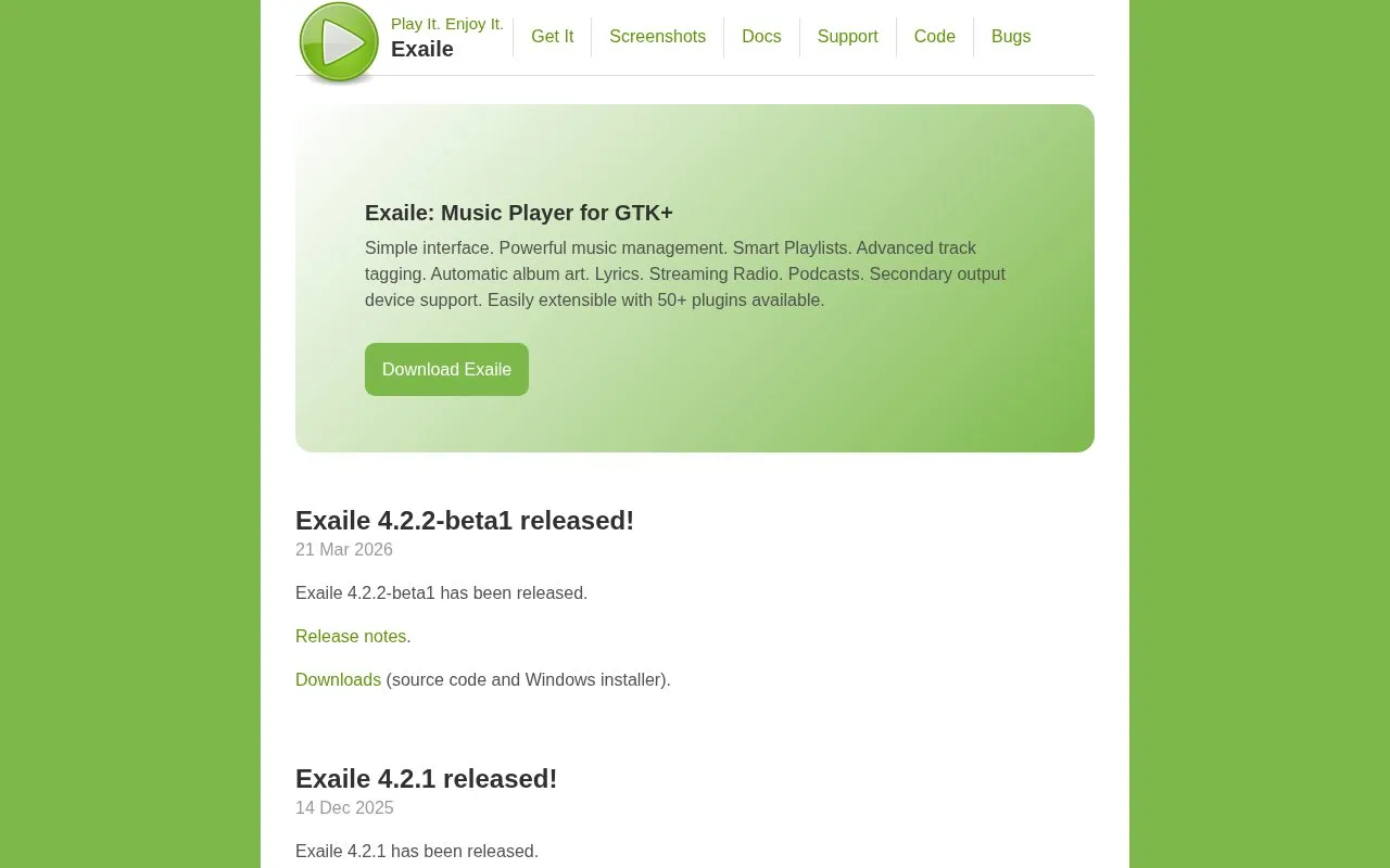 Exaile homepage screenshot