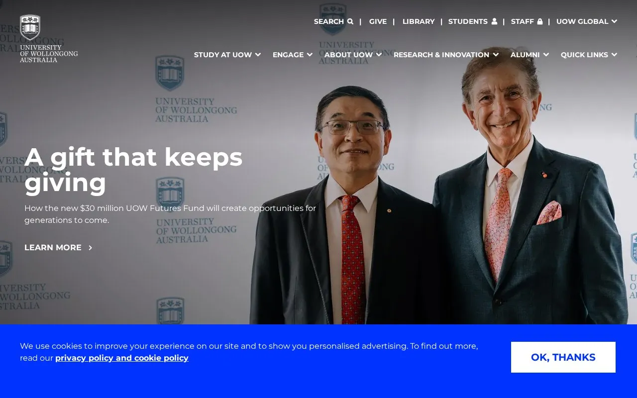 University of Wollongong homepage screenshot