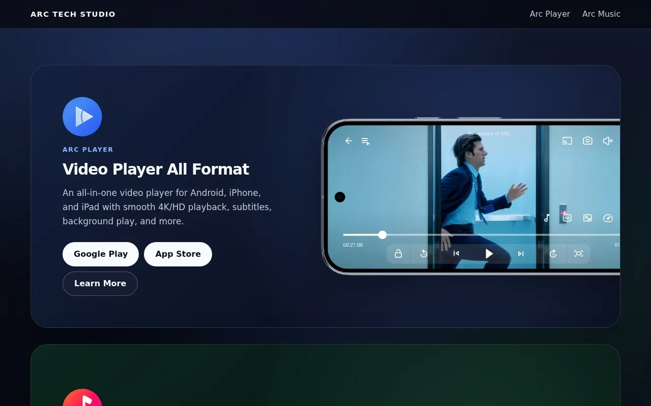 Arc Video Player homepage screenshot