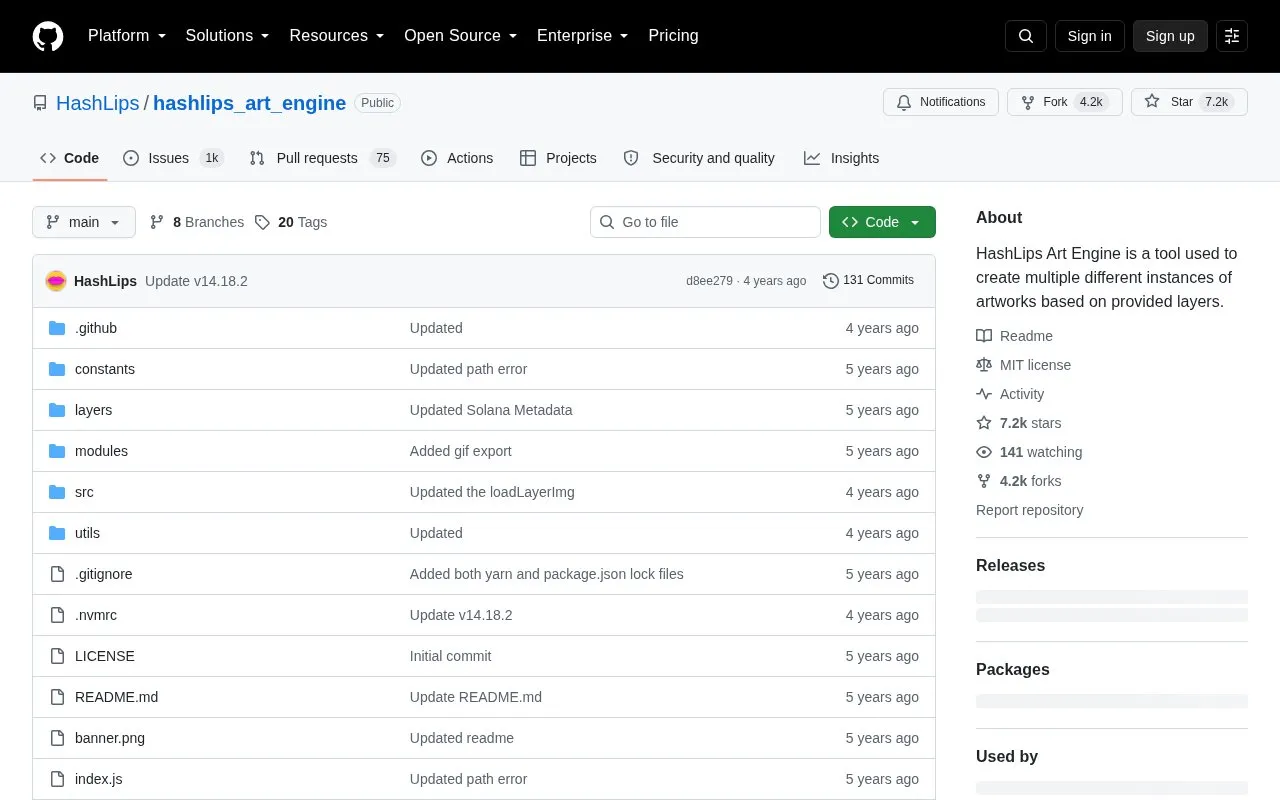 HashLips/hashlips art engine homepage screenshot
