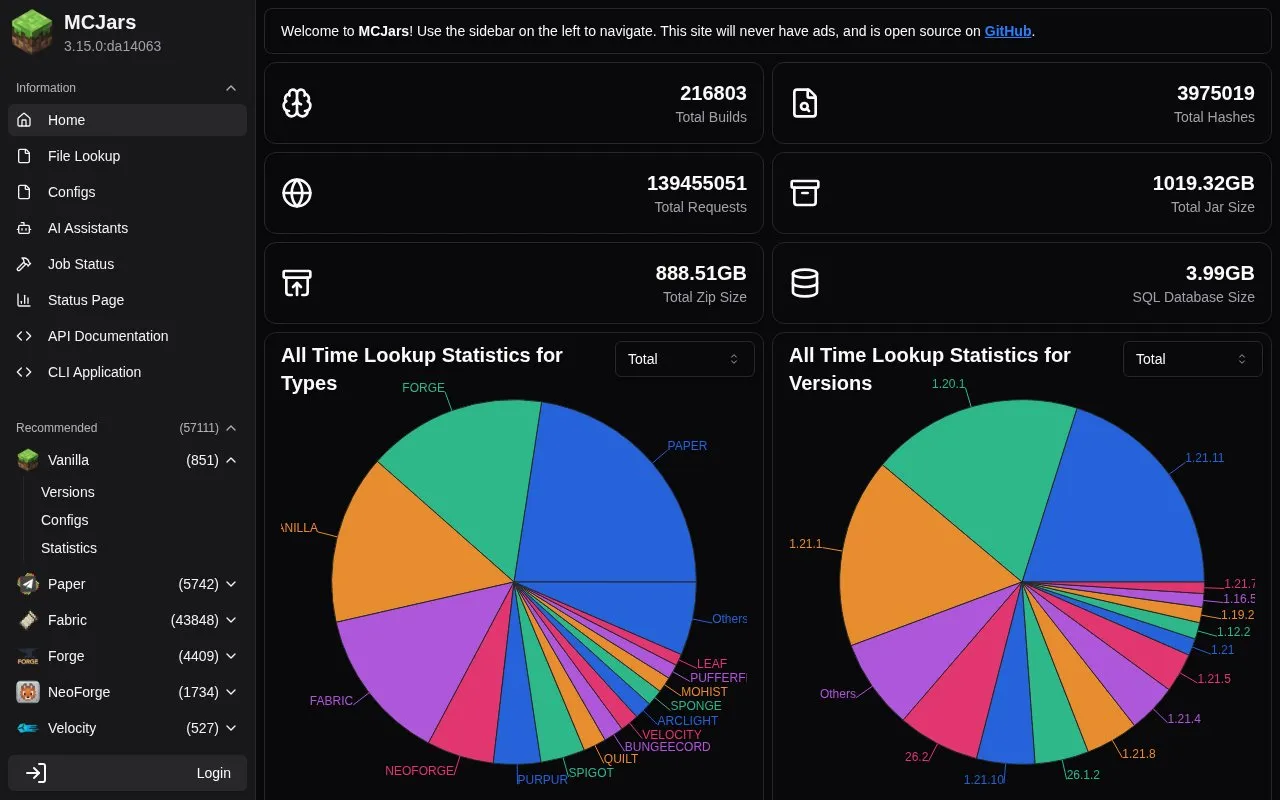 MCJars homepage screenshot