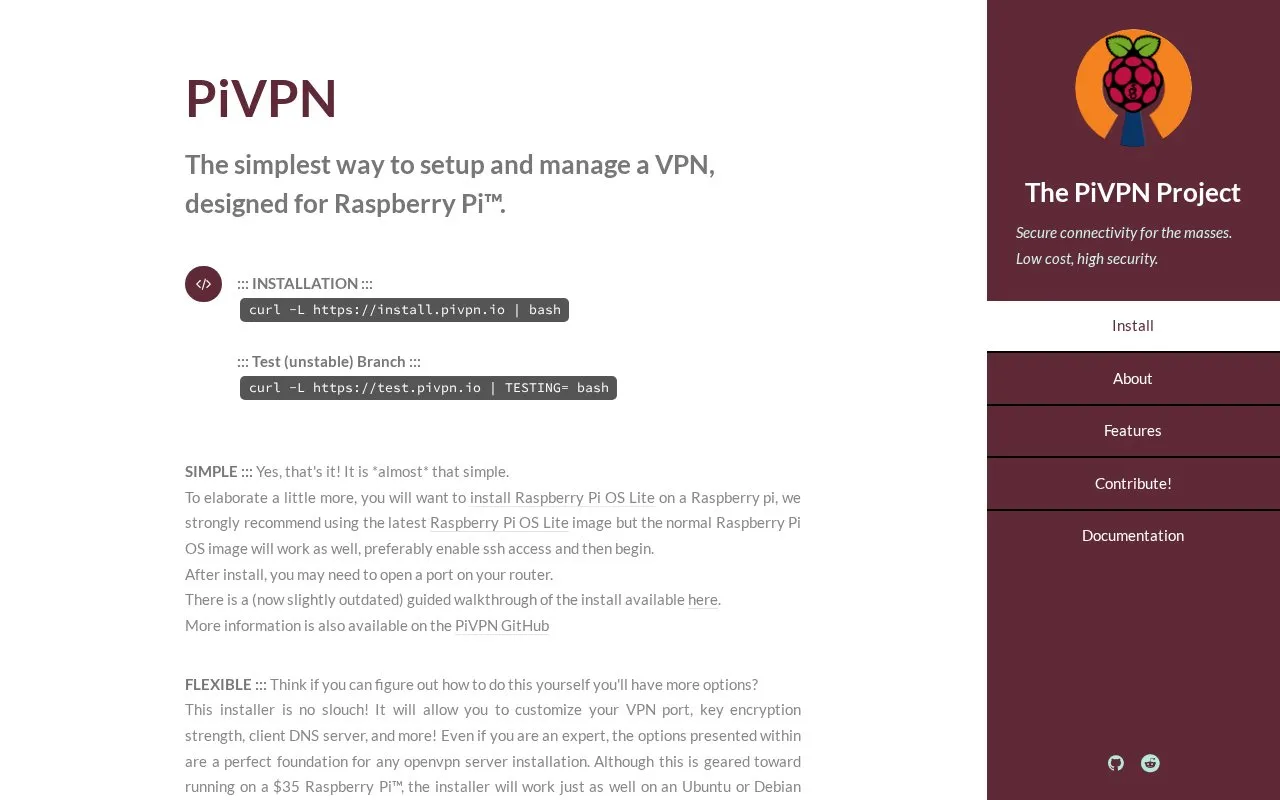 PiVPN homepage screenshot