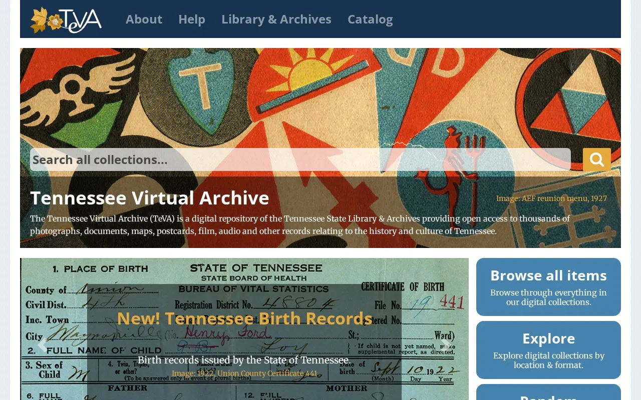 Tennessee Virtual Archive homepage screenshot