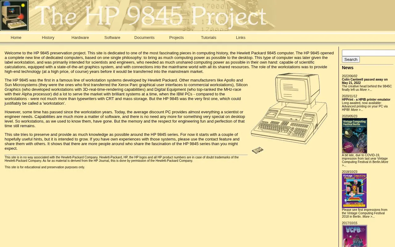 The HP 9845 Project homepage screenshot