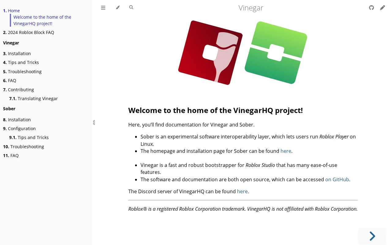 Vinegar (Studio Only) homepage screenshot