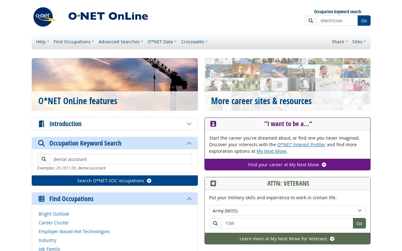 ONET homepage screenshot