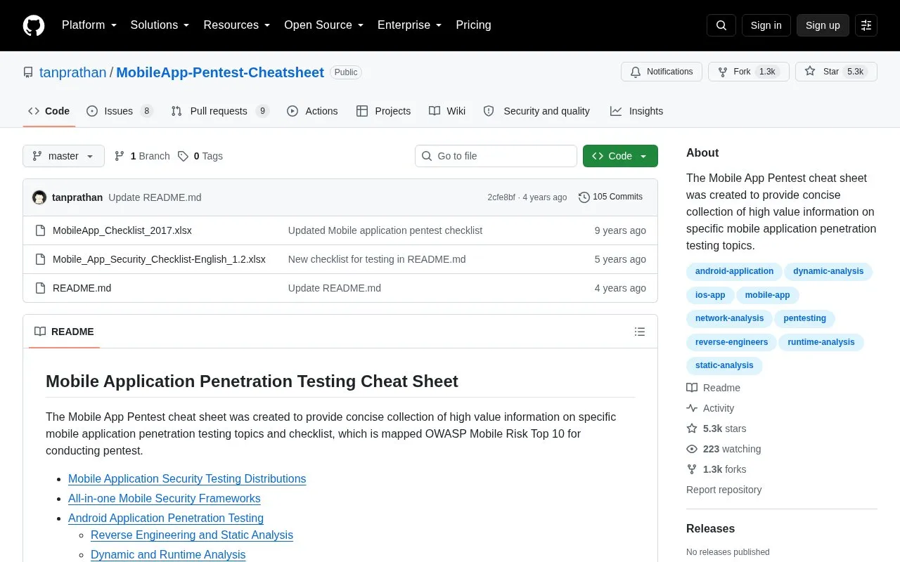 MobileApp-Pentest-Cheatsheet homepage screenshot