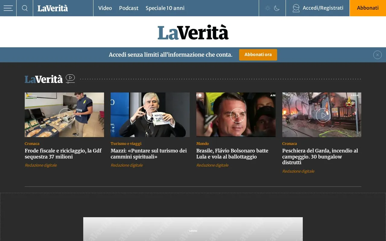 La Verità homepage screenshot