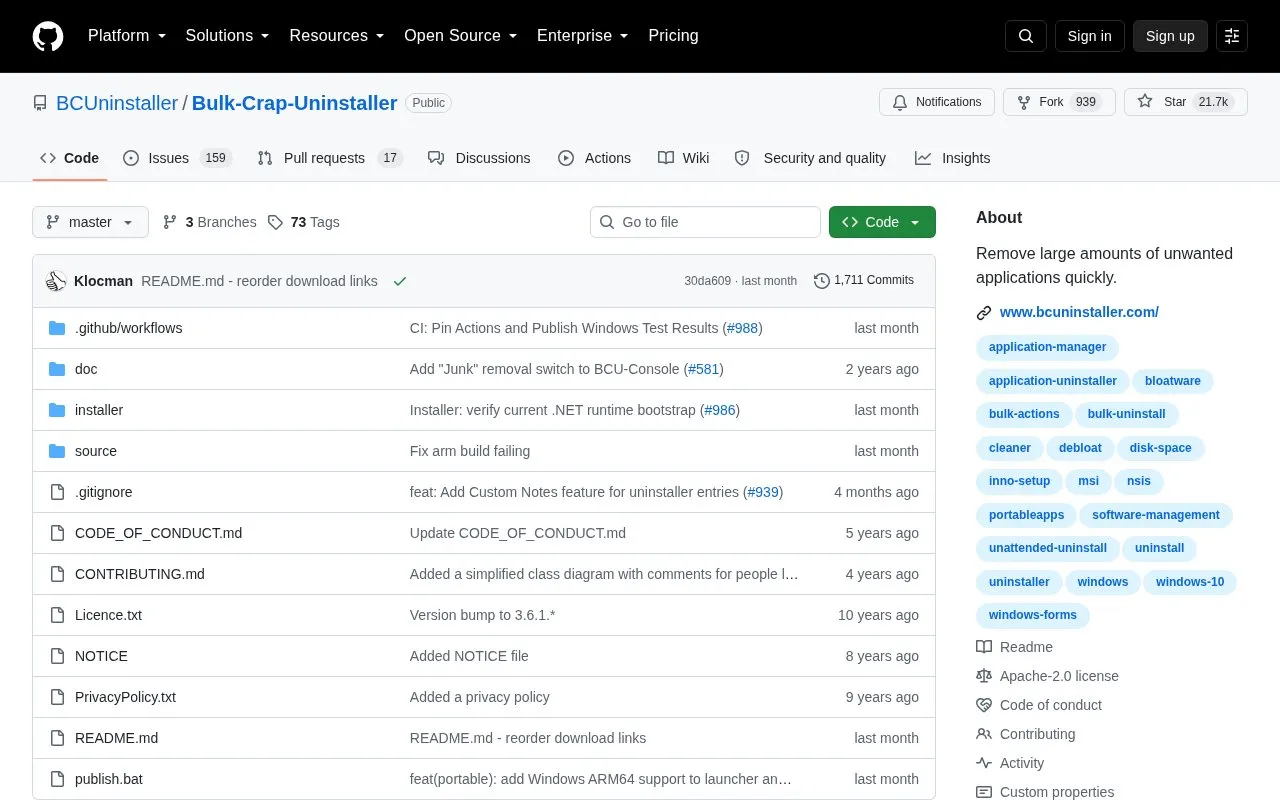 Bulk Crap Uninstaller homepage screenshot