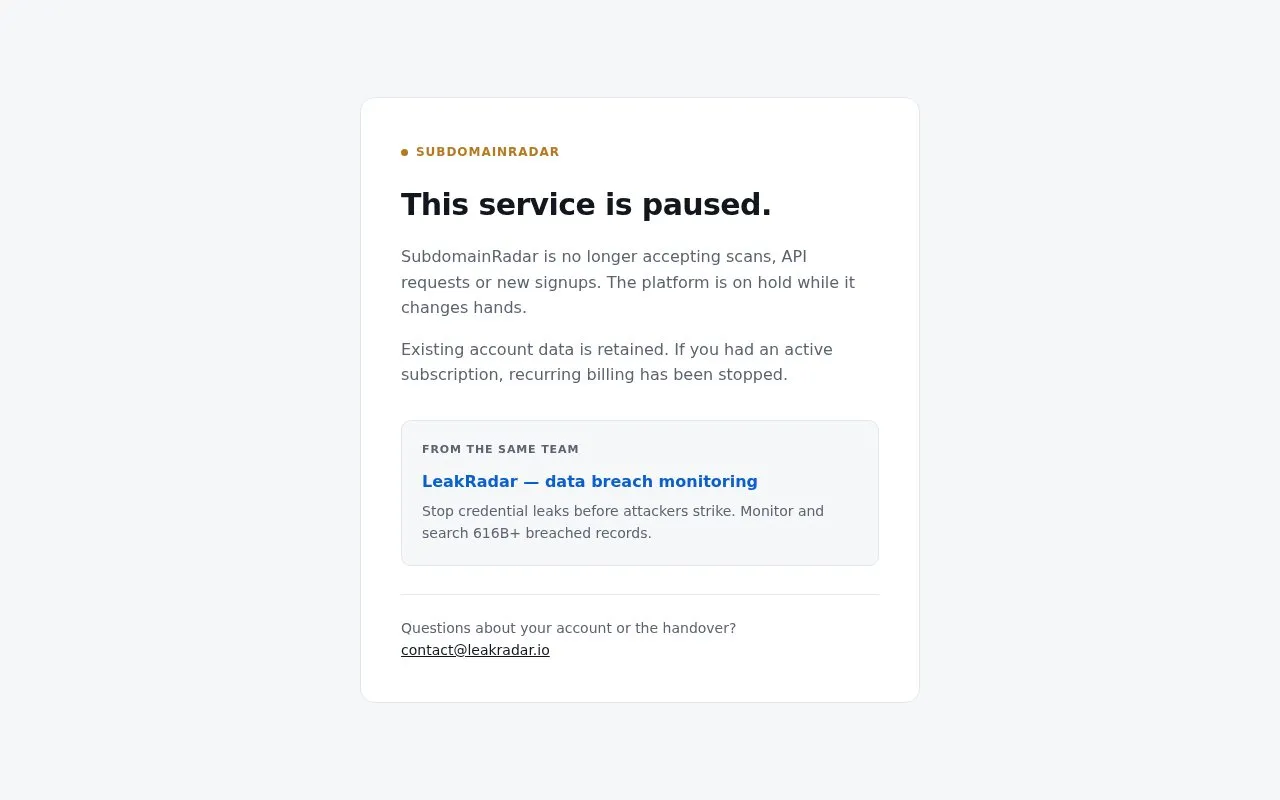 SubdomainRadar homepage screenshot