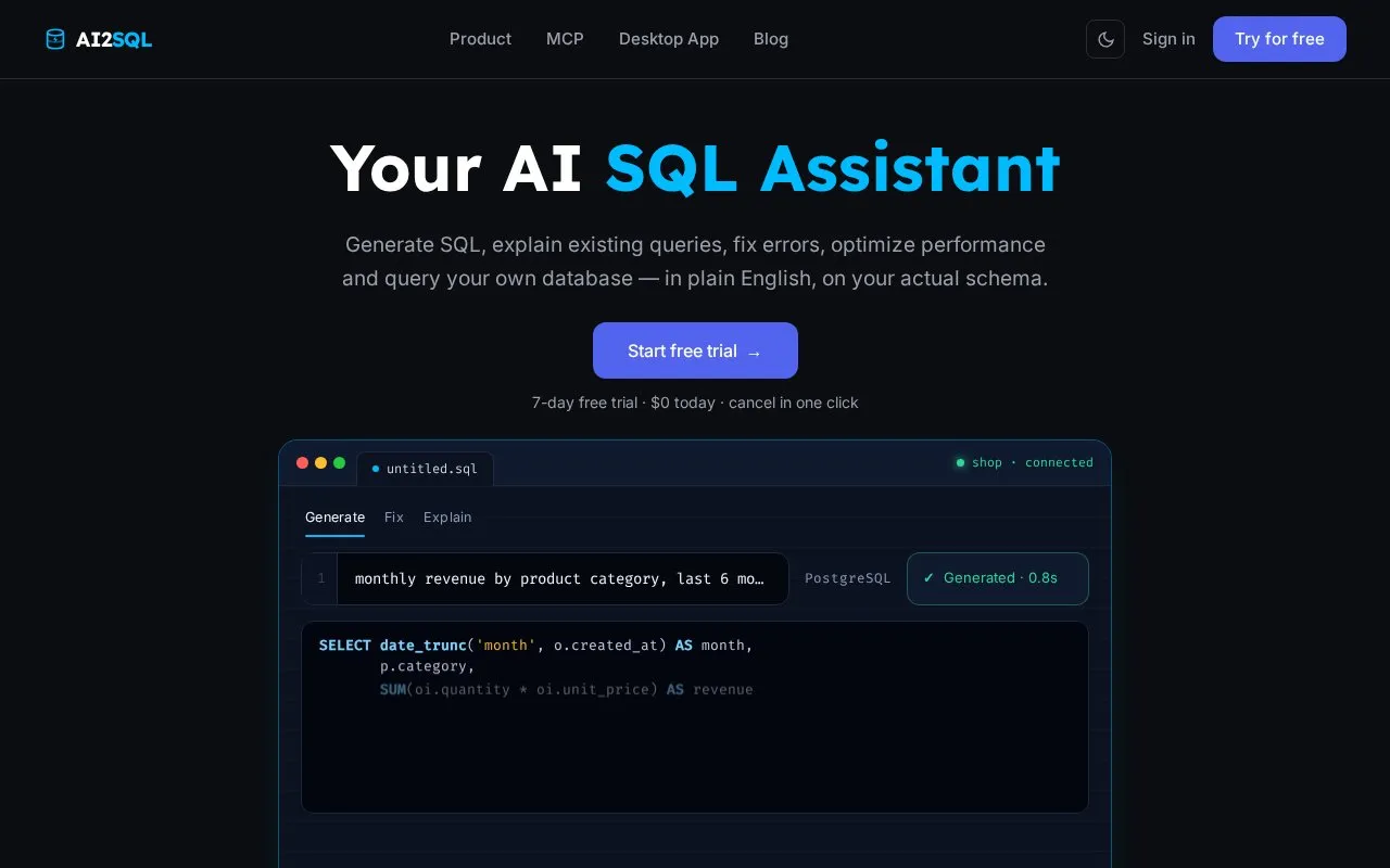 AI2sql homepage screenshot