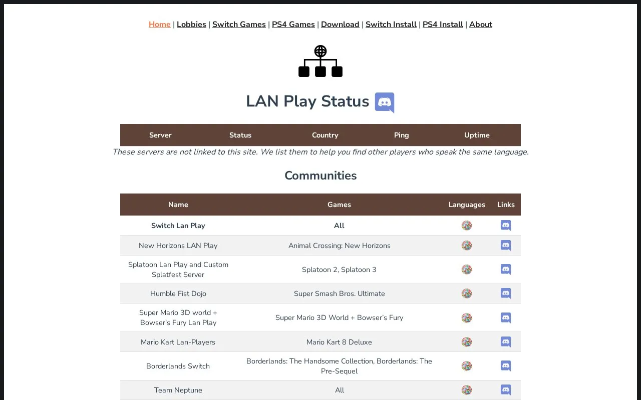 LAN Play Status homepage screenshot
