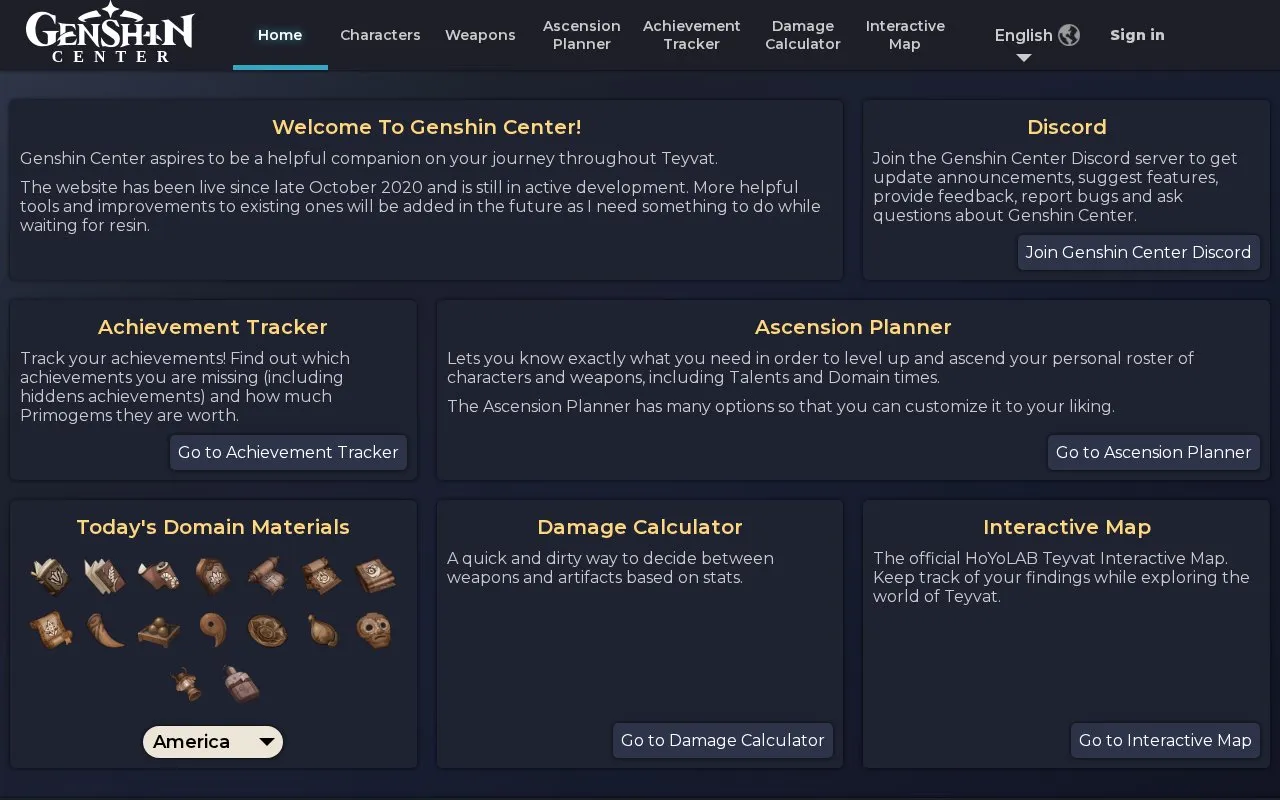 Genshin Center homepage screenshot