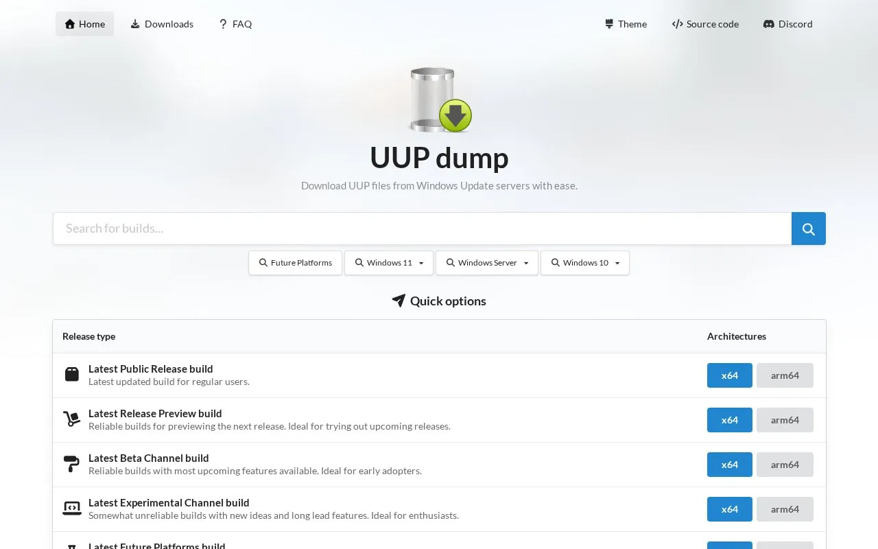 UUP dump homepage screenshot