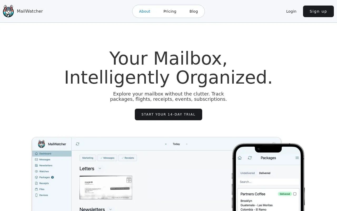 MailWatcher homepage screenshot