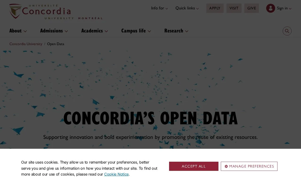 Concordia's Open Data homepage screenshot