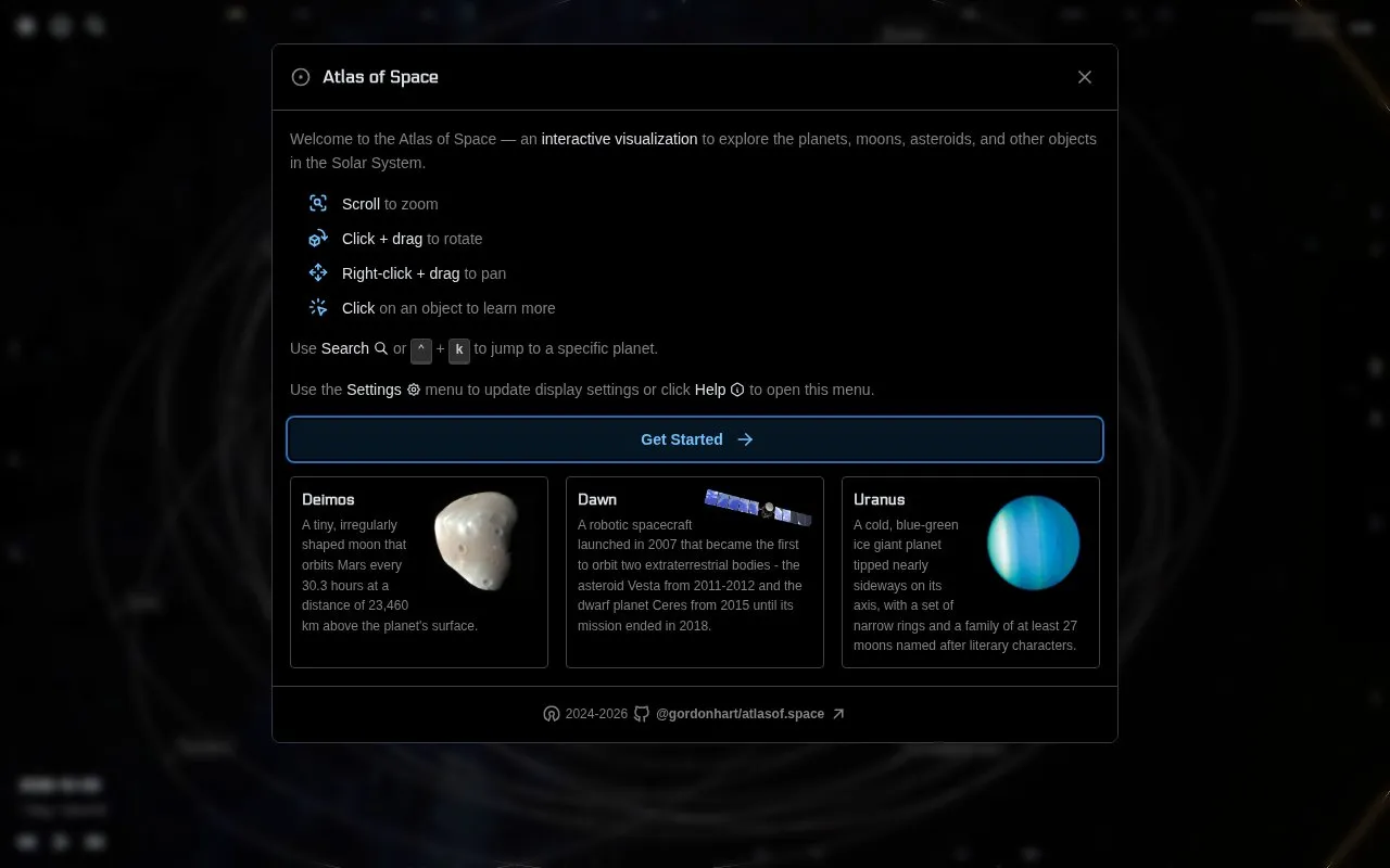 Atlas of Space homepage screenshot