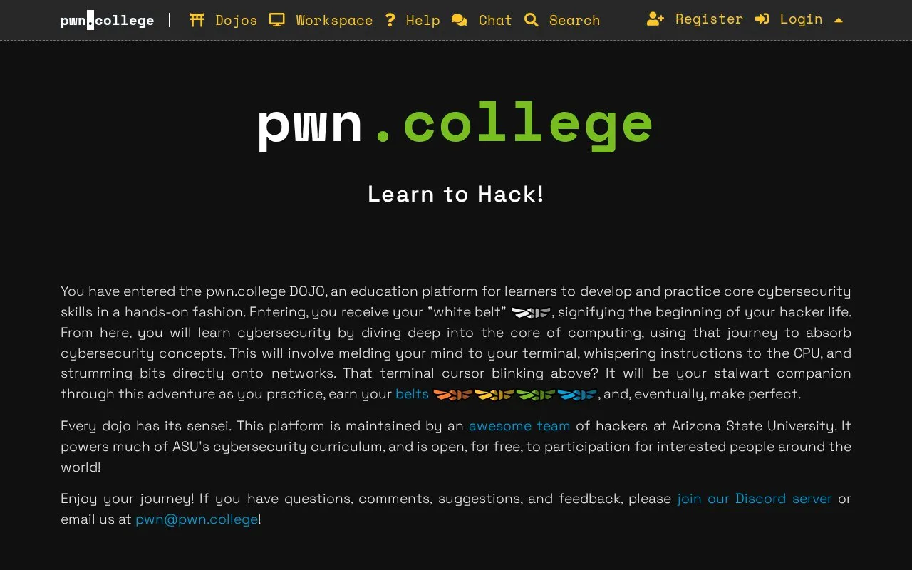 pwn.college homepage screenshot