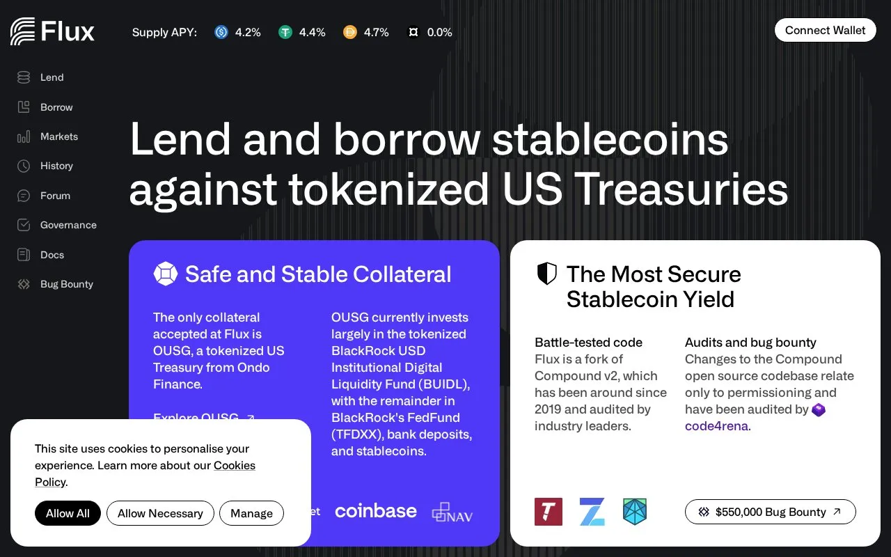 Flux Finance homepage screenshot