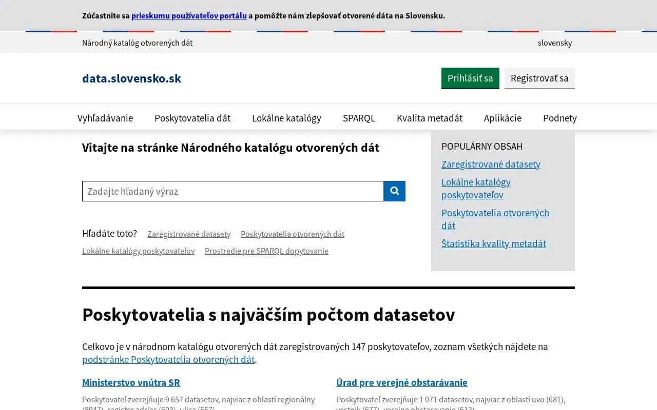 Open Data Portal Slovakia homepage screenshot