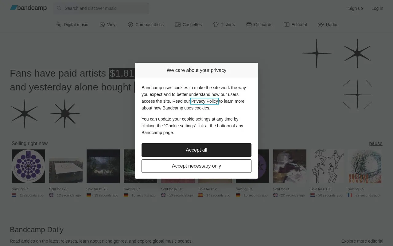 Bandcamp homepage screenshot