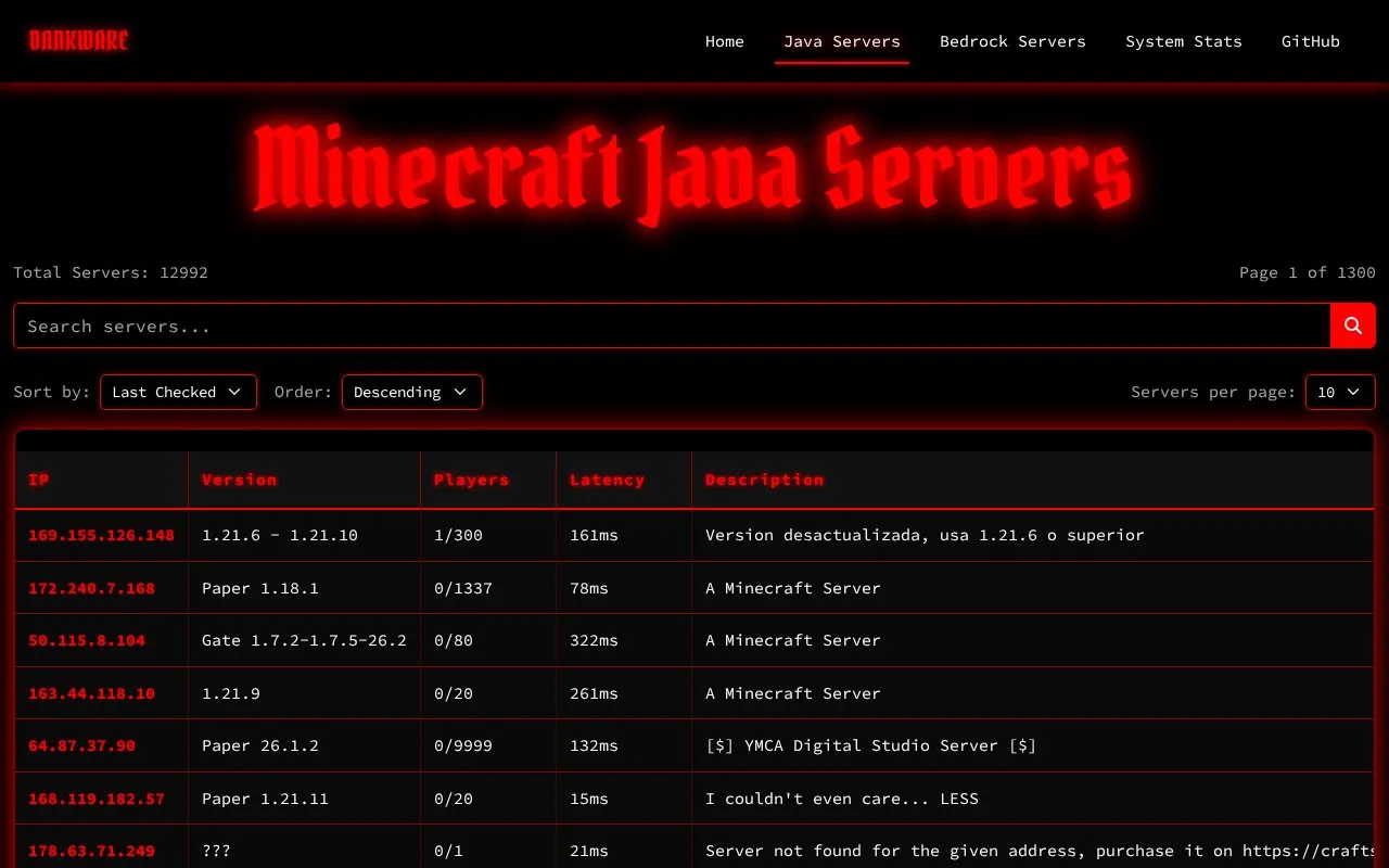 Minecraft Java Servers homepage screenshot
