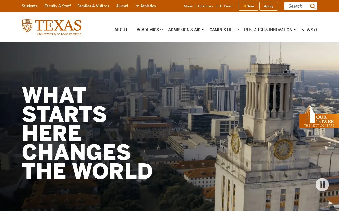 University of Texas, Austin homepage screenshot