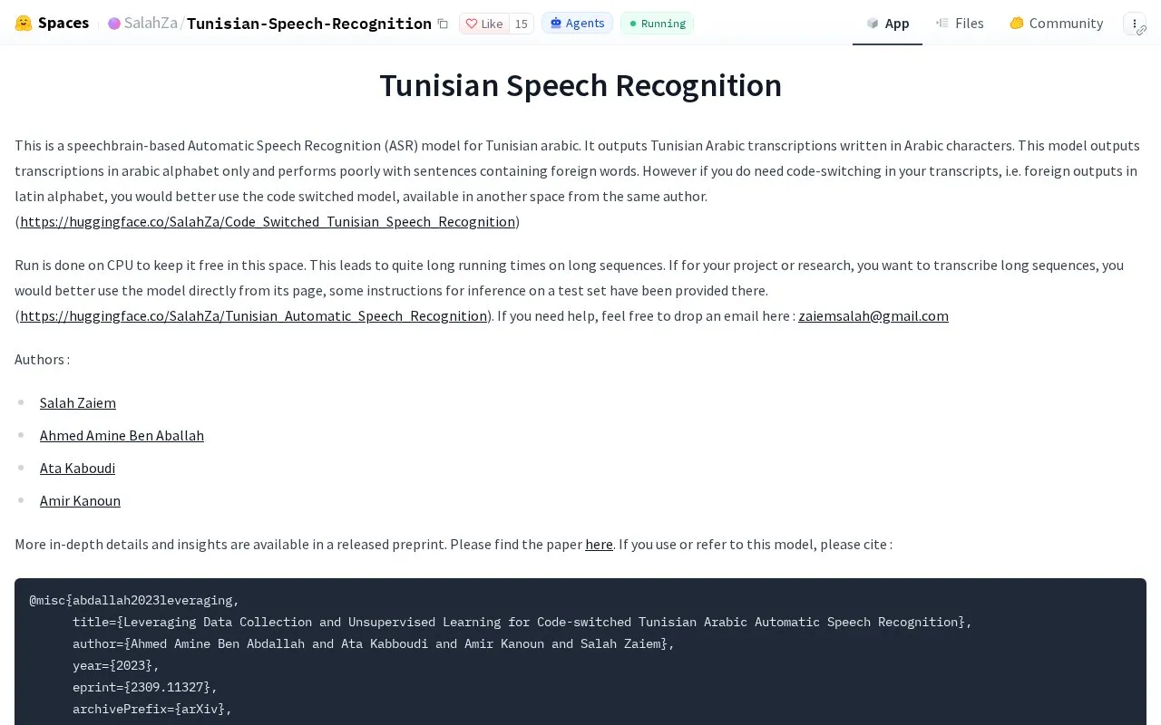 Tunisian Speech Recognition homepage screenshot