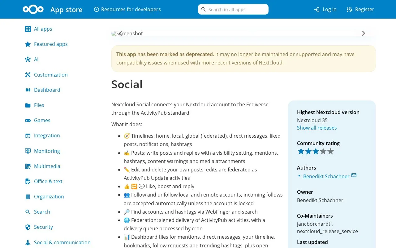 NextCloud Social homepage screenshot