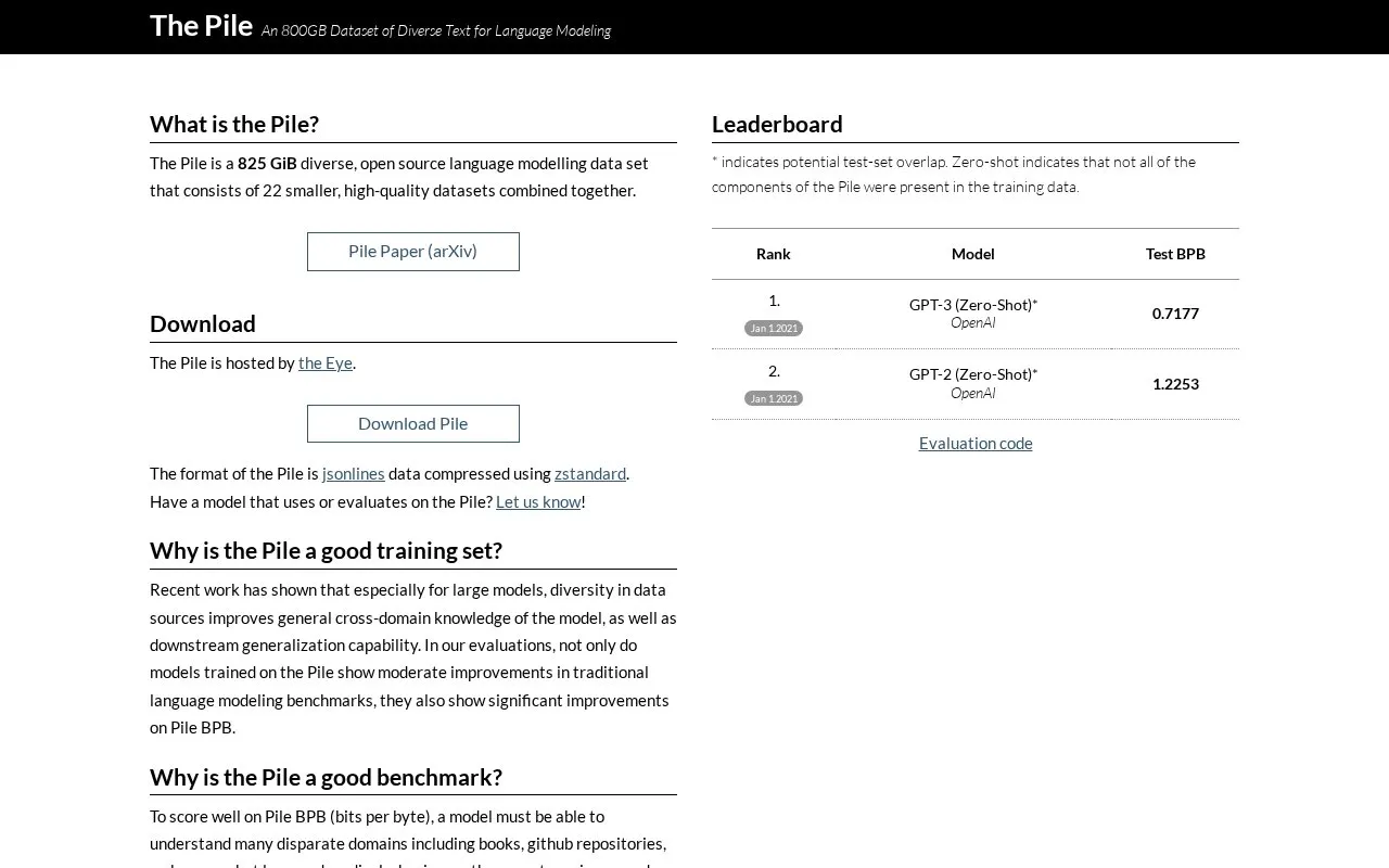 The Pile homepage screenshot