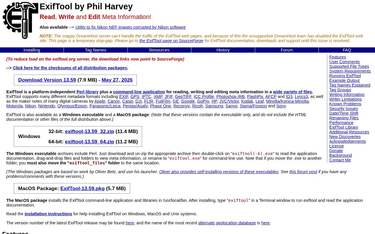exiftool homepage screenshot