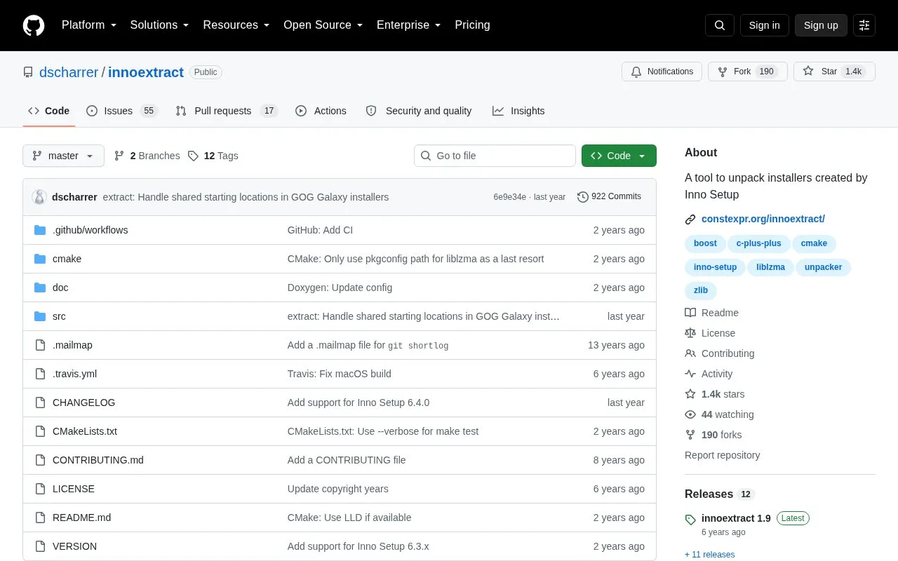 Innoextract homepage screenshot