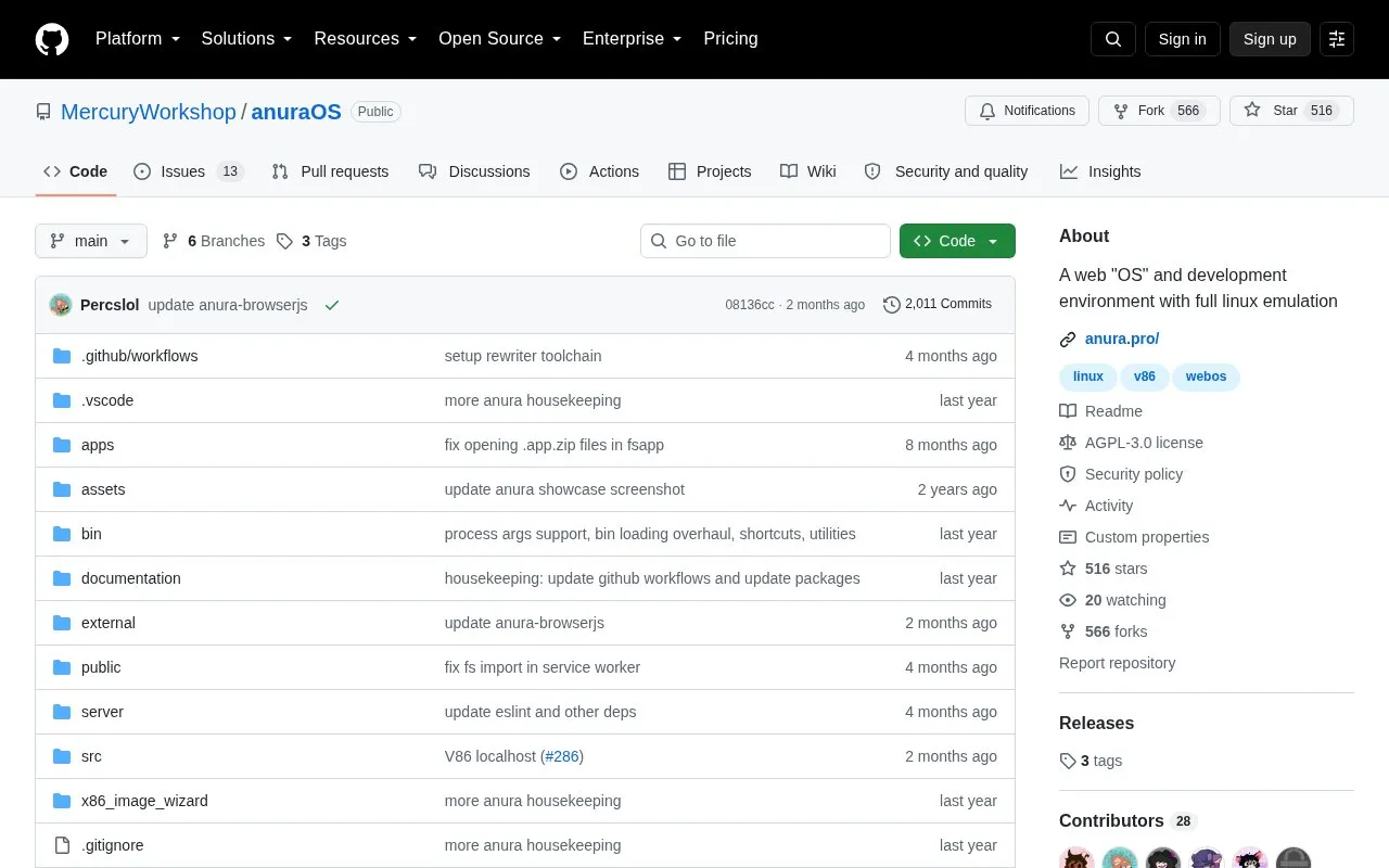 anuraOS homepage screenshot