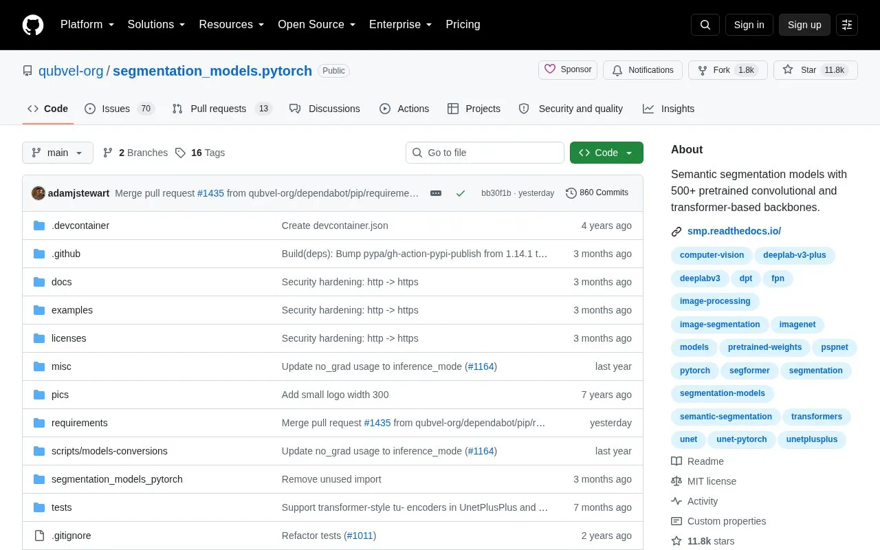 segmentation models.pytorch homepage screenshot